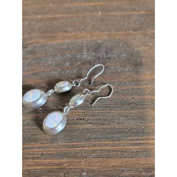 Mexico 950 Silver White Lab Opal Dangle Earrings - Picture 5 of 7